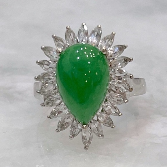 Burmese Green Jade White Topaz Sterling Silver Ring - Picture 1 of 10